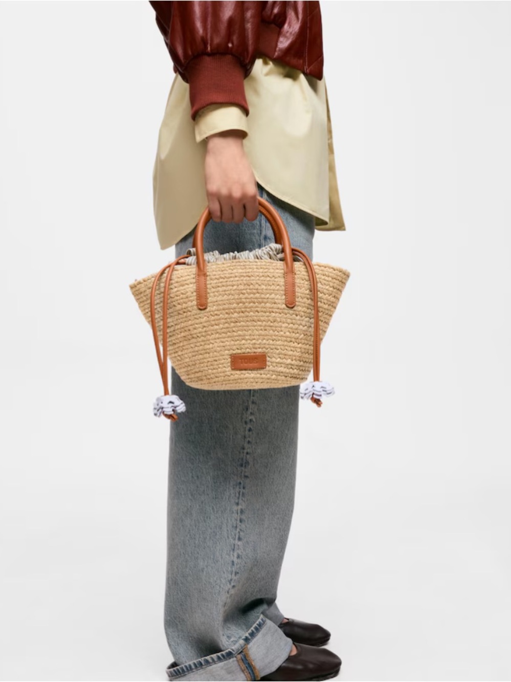 Tous Straw Tote with Tan Leather Handles and Cream Drawstring - Picture 2 of 7